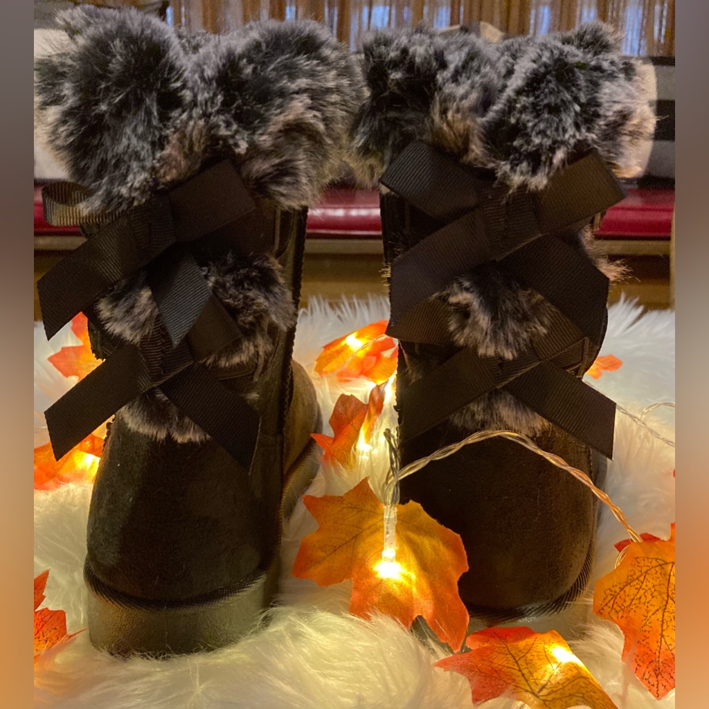 Faux Suede & Fur Booties With Double Bow Accents